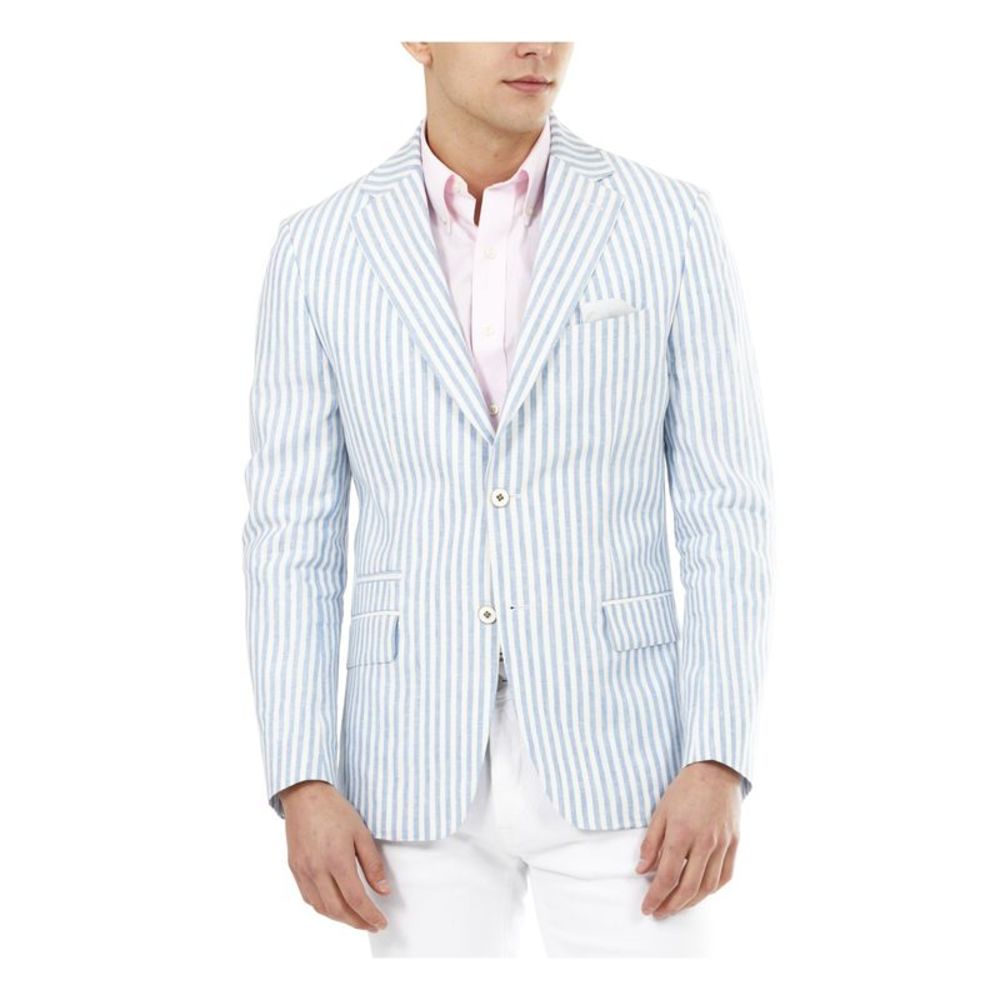 TALLIA ORANGE Mens Light Blue Single Breasted, Striped Slim Fit Blazer 42R